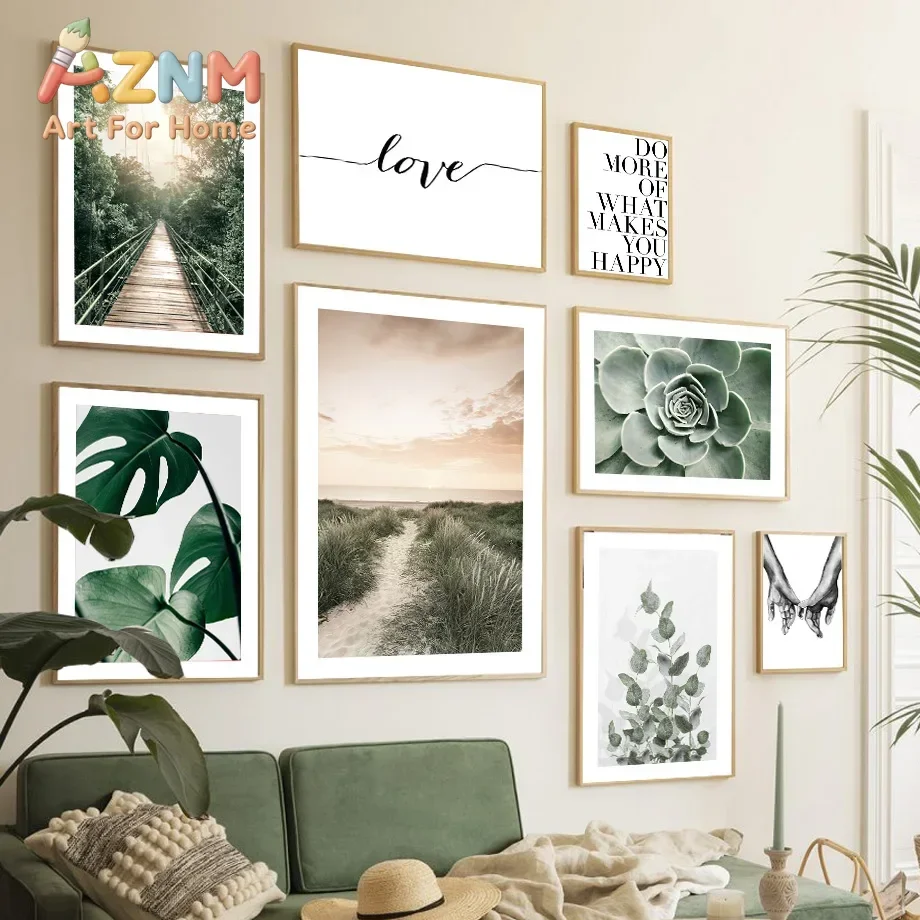 Sunrise Beach Hanging Bridge Eucalyptus Flower Wall Art Mural Print Canvas Painting Lovers Posters Picture Living Room Decor