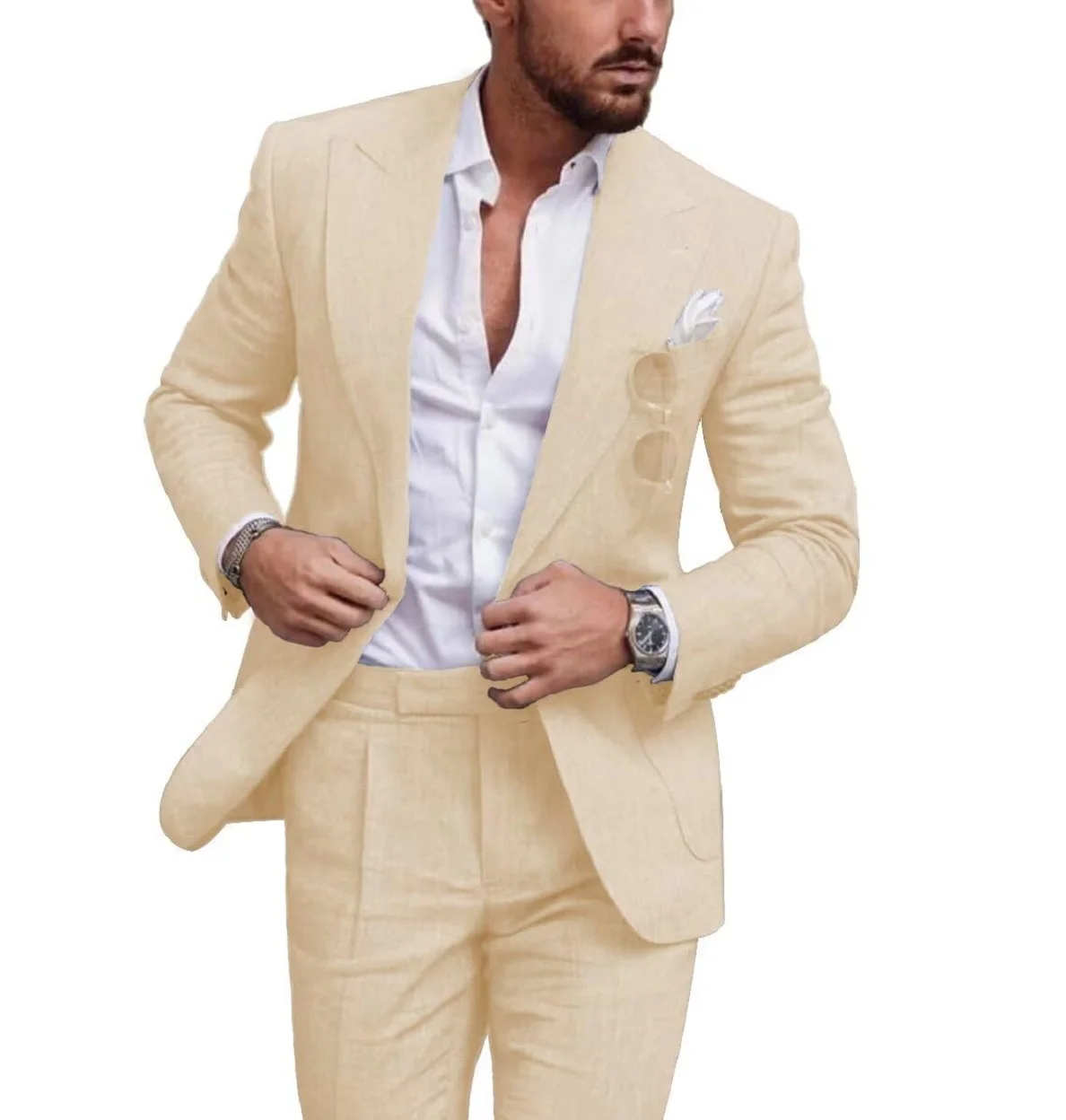 Linen Summer Men Suits for Wedding Groom Tuxedos Casual Beach Custom Man Suit 2 Piece Set Jacket Vest with Pants Man Fahion