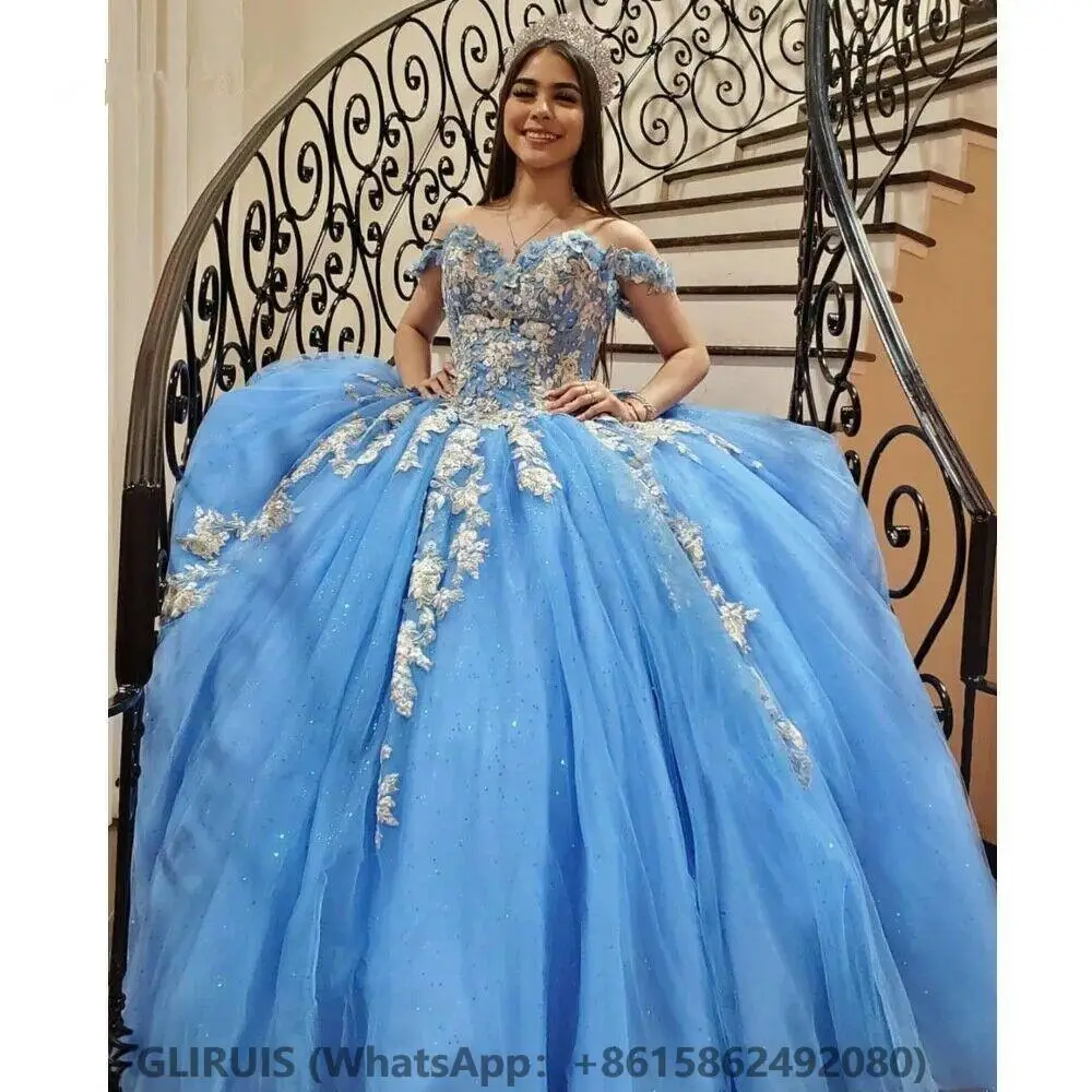 

Светло-голубое бальное платье Quinceanera Платья 3D Кружевные аппликации Цветы ручной работы с бусинами Sweet 15, вечернее по индивидуальному заказу