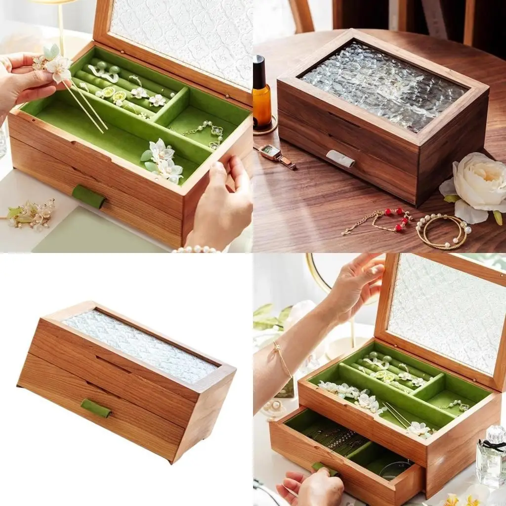 Sophisticated Wood Jewelry Keeper with Glass Lid  Double Layer Multiple Drawer Jewellery Holder Accessories Container
