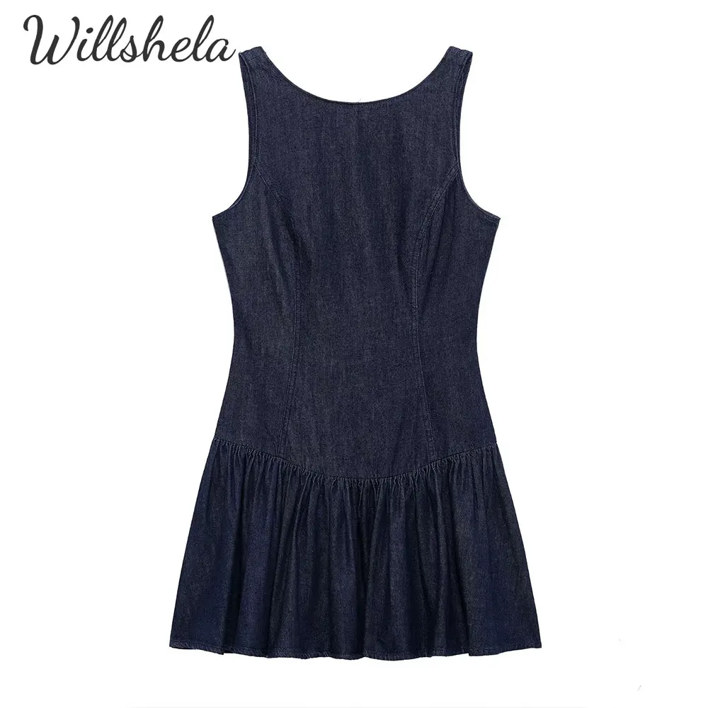 

Willshela Women Fashion Denim Mini Dress Backless Sleevelss Round Neck Female Chic Lady Casual Mujer Short Vestidos