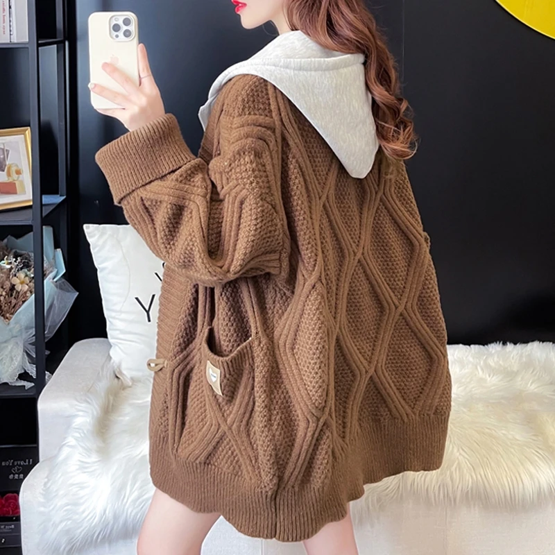 Autumn Winter Thicke Cardigan Sweater Jacket Women Outwear 2024 New Fashion Hooded Stitching Fake Two-Piece Knitted Coat Female