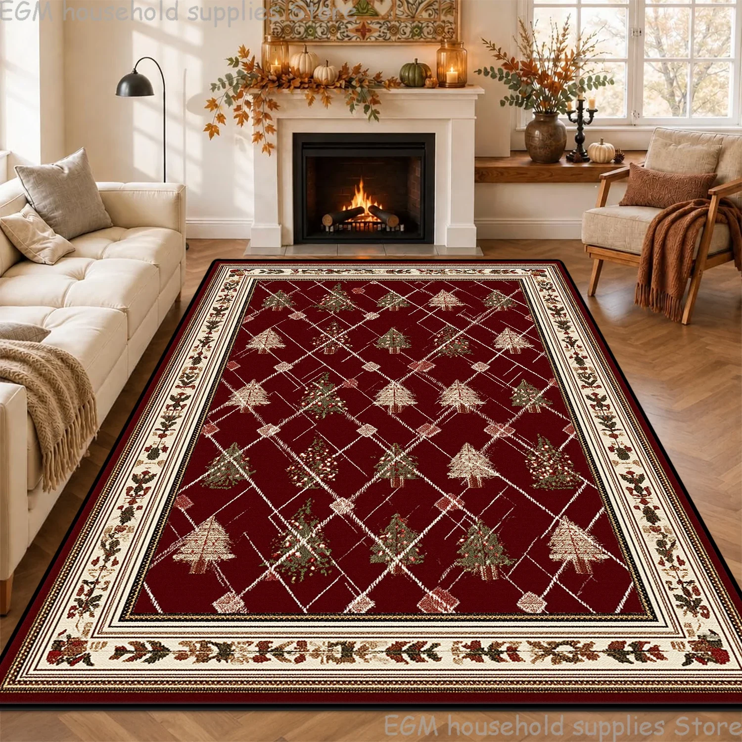 Red Vintage Christmas Carpet Short Velvet Soft Home Decoration Living Room Rug Festive Xmas Bedroom Non-slip Washable Floor Mats