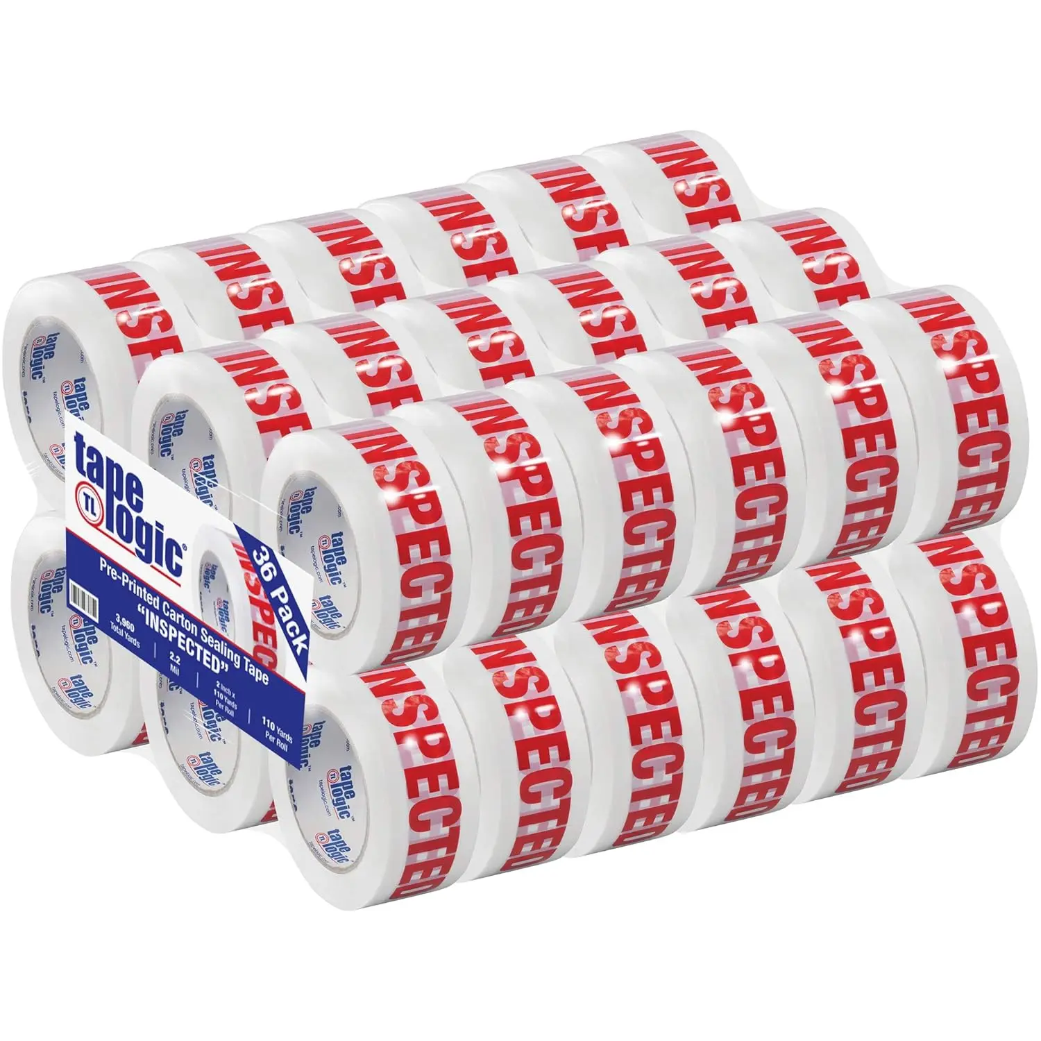 

2 Inch x 110 Yard 2.2 Mil Red/White, Heavy Duty Packing Tape, "Inspected" 36 Pack, Perfect for Packing, Shipping, Moving