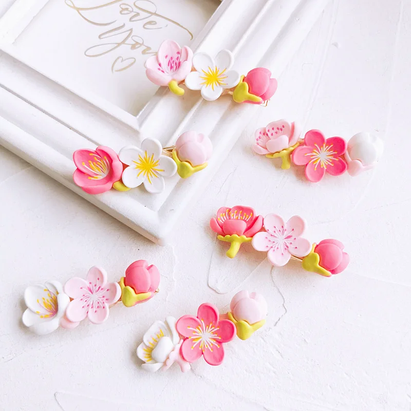 1/2pcs Cute Pink Flower Hair Clip Elastic Peach Blossom Hair Rope Sweet Women Girls Makeup Bangs Hairpin Ponytail Bun Hairbands