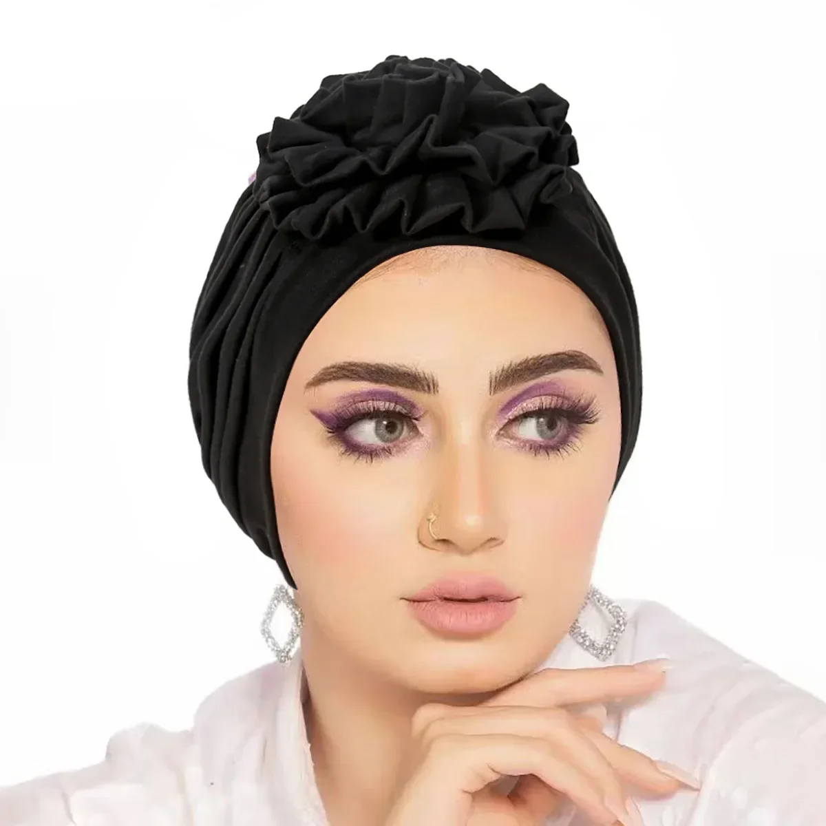 Trendy Crinkle Women\'s Hijab Solid Color Muslim Ladies Turban Bonnet Flower Decor Ramadan Head Wrap Head Scarf Indian Hat Mujer