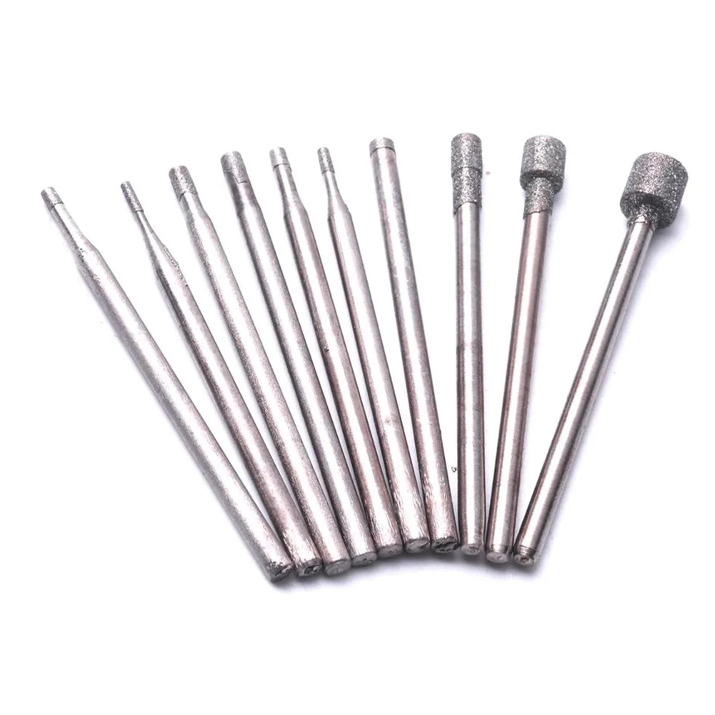 10pc diamante rebarba núcleo bits cabeça de moagem 0.8-5mm w 2.35mm haste ferramenta rotativa para moedor elétrico acessório