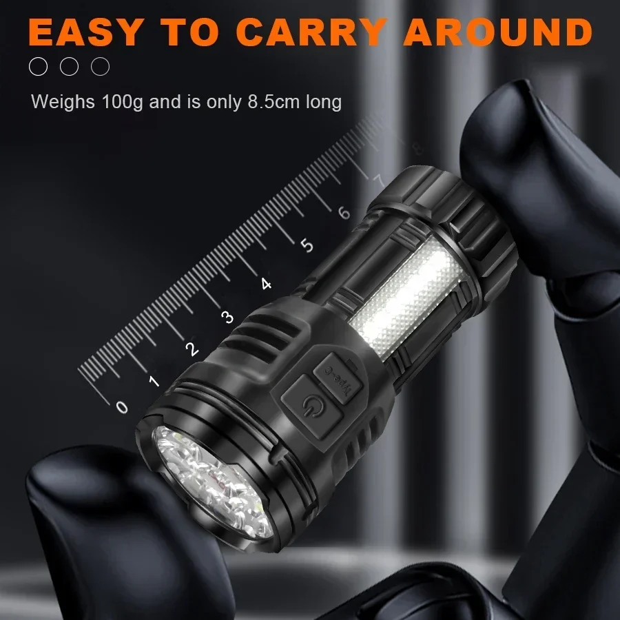 Super Bright 9LED Flashlight with COB Side Light Tactical Torch USB-C Rechargeable Camping Lantern for Outdoor Emergency Hiking