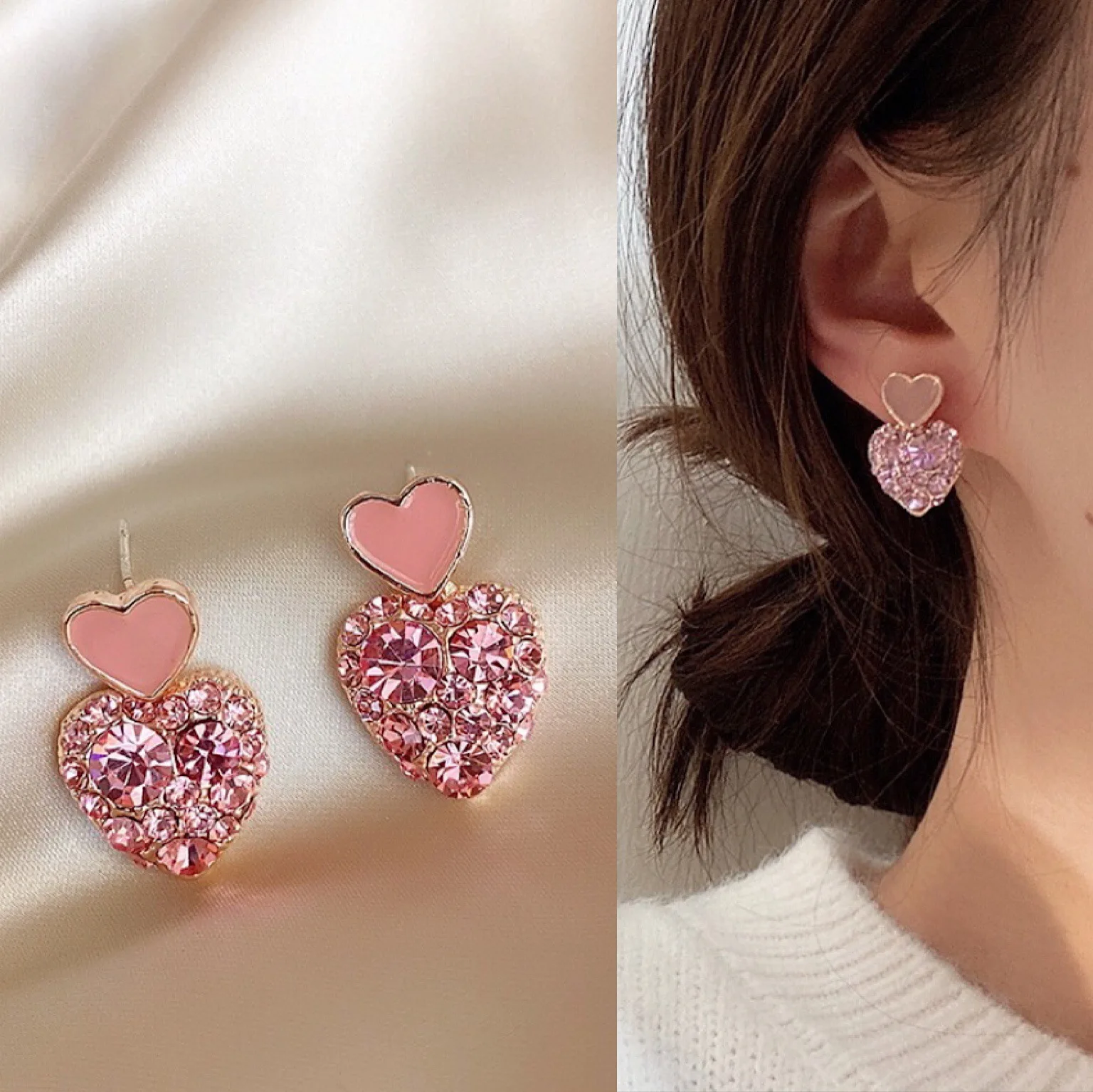 Cute Sweet Love Heart Drop Earrings for Women Pink Crystal Rhinestones Enamel Oil Dangle Earrings New Fashion Jewelry Gift