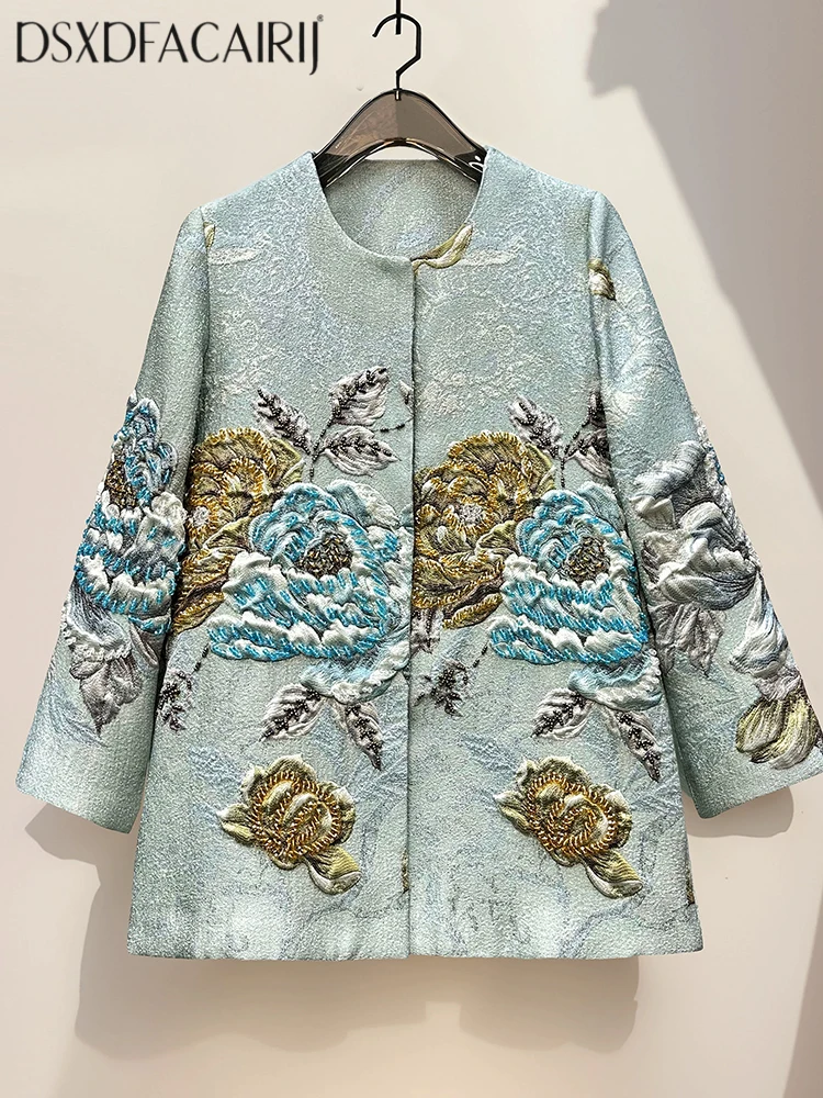 

DSFACAIRIJ Women's Vintage Beaded Jacquard Short Coat with Concealed Buttons O-Neck Long Sleeves Pockets Autumn Outerwear