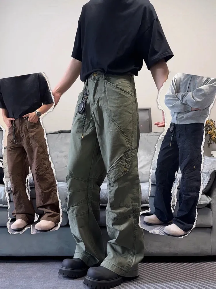 

Retro American Work Pants Men's Loose Straight Casual Wide Leg Trousers Trendy Couple's Loose Fit Durable Cargo Trousers