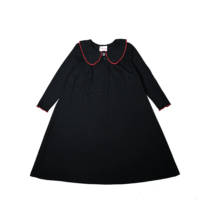 Girls long sleeve black set top and pant peter pan collar long nightgown teen casual long maxi dress contrast edge red stitching