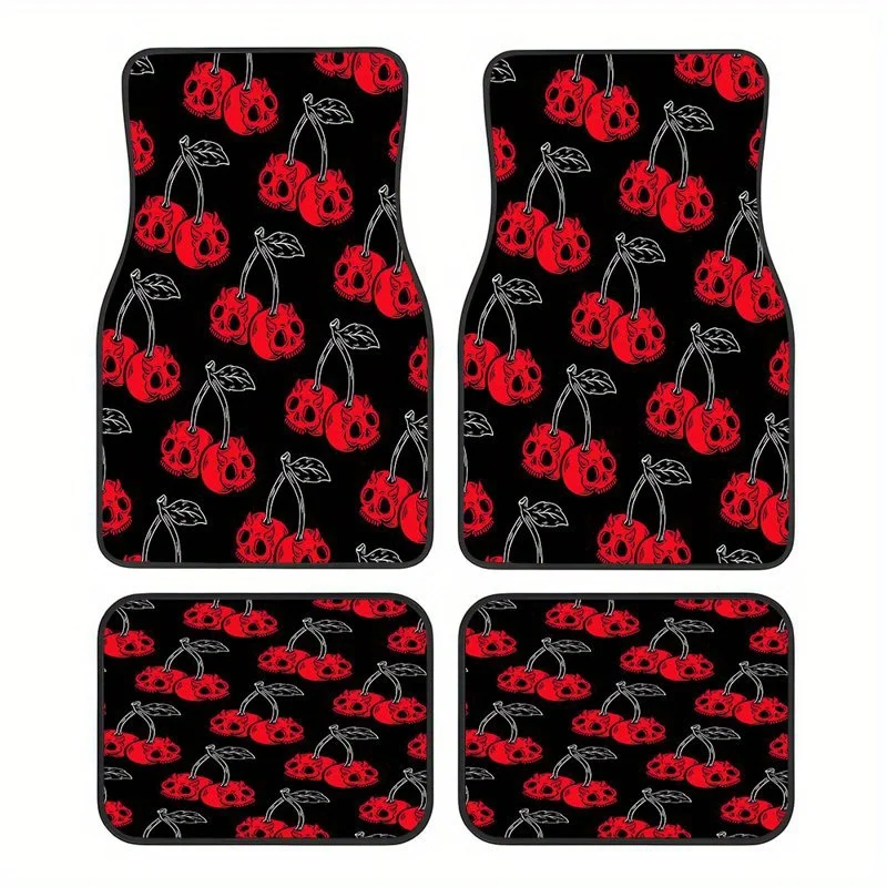 4Pcs Car Floor Mats, Red Devil Skull Cherry Print, Gothic Punk Car Interior Accessories