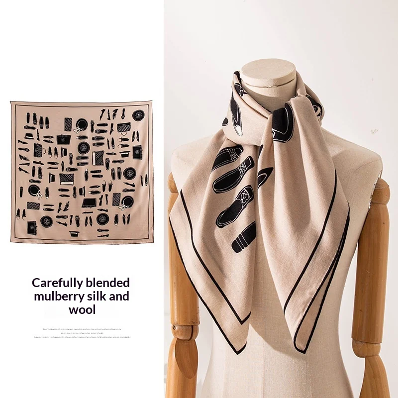 Hand-rolled double-sided beige small fragrance silk wool scarf, versatile elegant temperament, high-end light luxury scarf