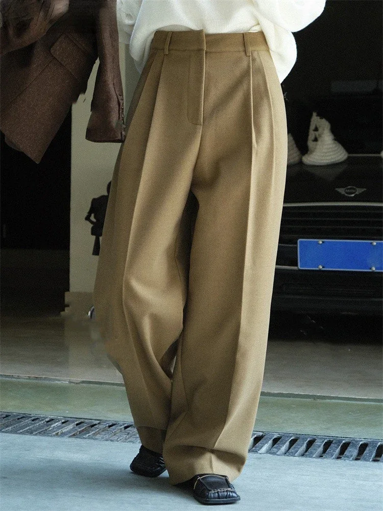 2023 Autumn Winter Simple High Waist Double Pleated Wide Leg Pants Women Loose Casual Trousers Female White/Brown