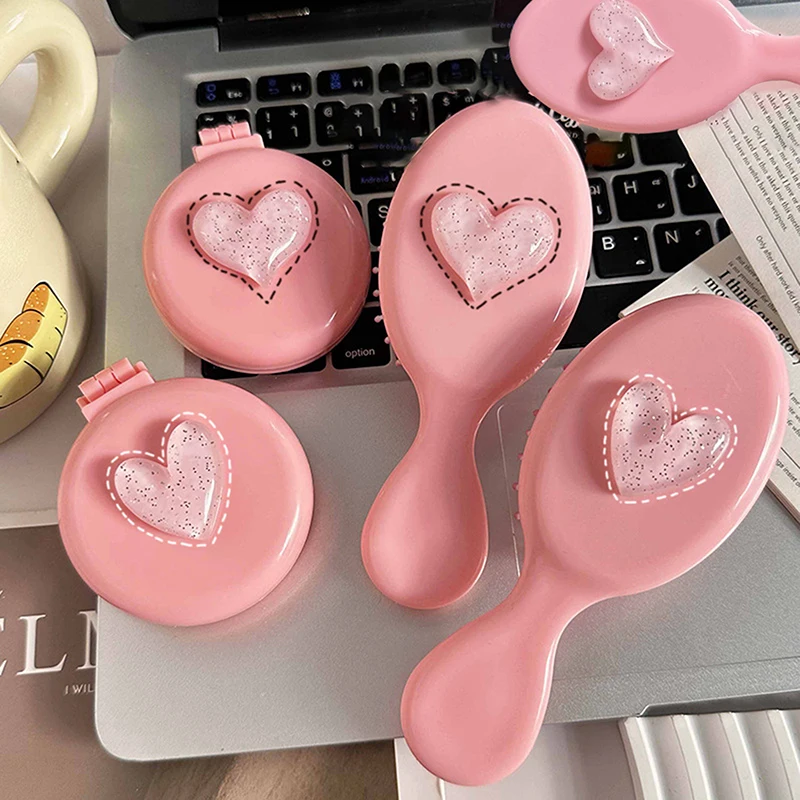 Cute Pink Love Folding Massage Comb Head Massage Air Cushion Comb Anti-Static Portable Travel Girl Hair Combs With Mirror