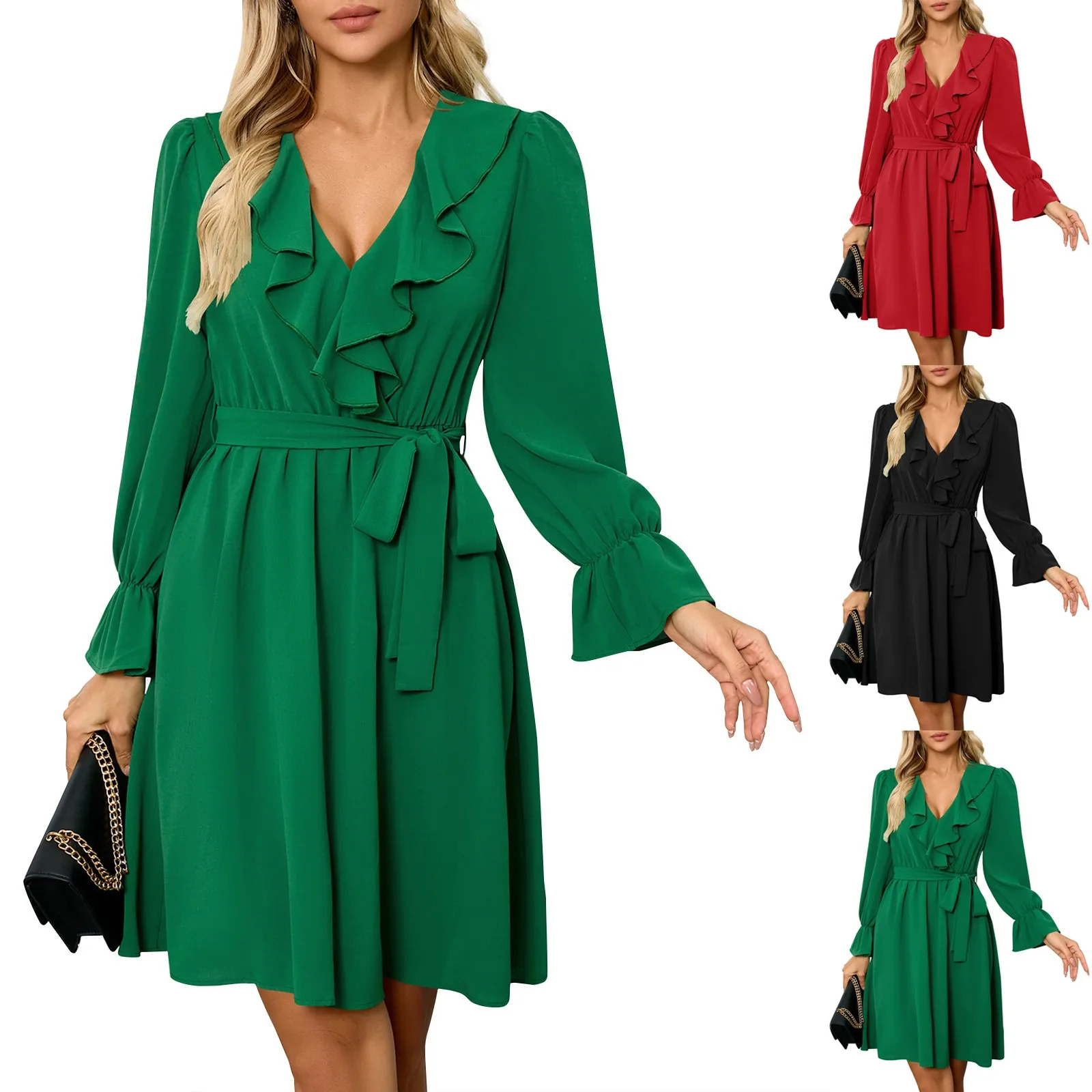 Women'S Urban Dress Summer Autumn Latest Ruffled V-Neck Long Sleeved Slim Fit Temperament Maxi Dress Commuting Long Skirt