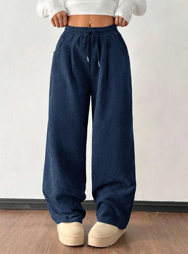 Women's Retro Corduroy Cargo Pants Casual Drawstring Straight Sports Pants Drape Daily Commuting Wide Leg Pants