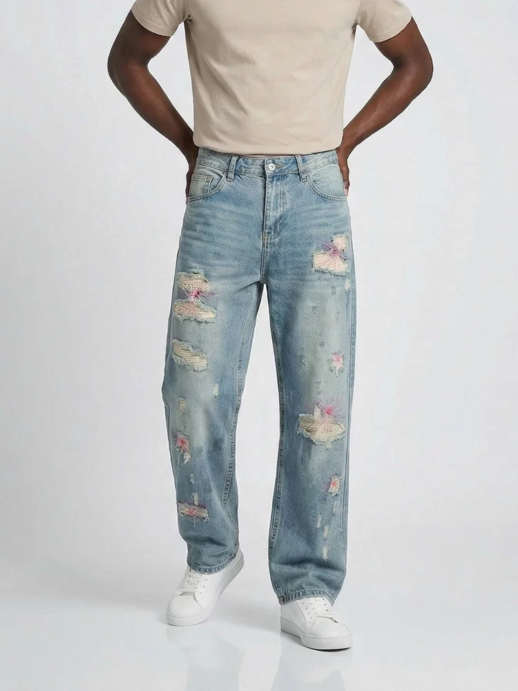 

2026 American Retro Y2K Style Washed Blue Baggy Ripped Stacked Jeans Pants For Men Clothing Straight Denim Trousers Moda Hombre