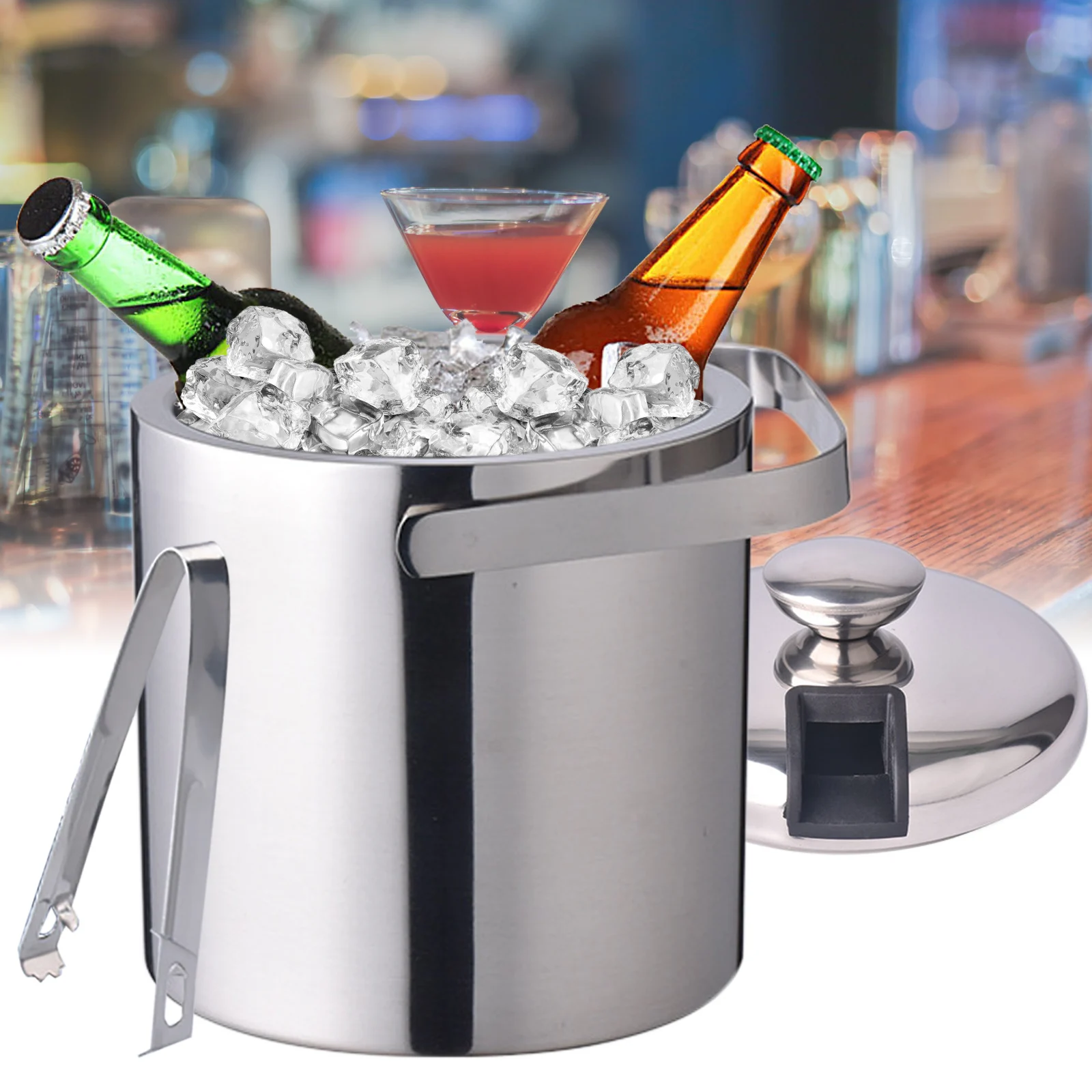 1.3L Double-Wall Insulated Ice Bucket Stainless Steel Ice Cube Beverage Container Silver with Ice Tongs and Lid