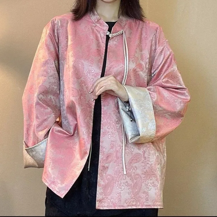 

2024 Summer Autumn Jacket New Chinese Style Jacquard Coat Women Tang Clothes Double Sided Wear Hanfu Elegant Satin Costume