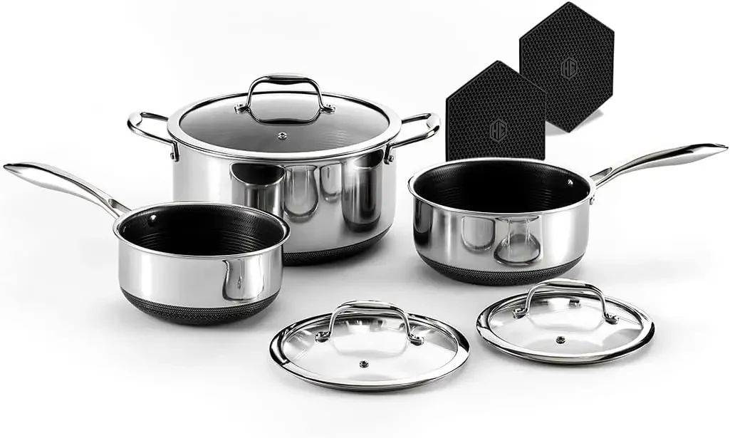 XCYHexClad Hybrid Nonstick 6-Piece Pot Set with Trivets, 2, 3, and 8-Quart Pots with Tempered Glass Lids, 2 Silicone Trivets