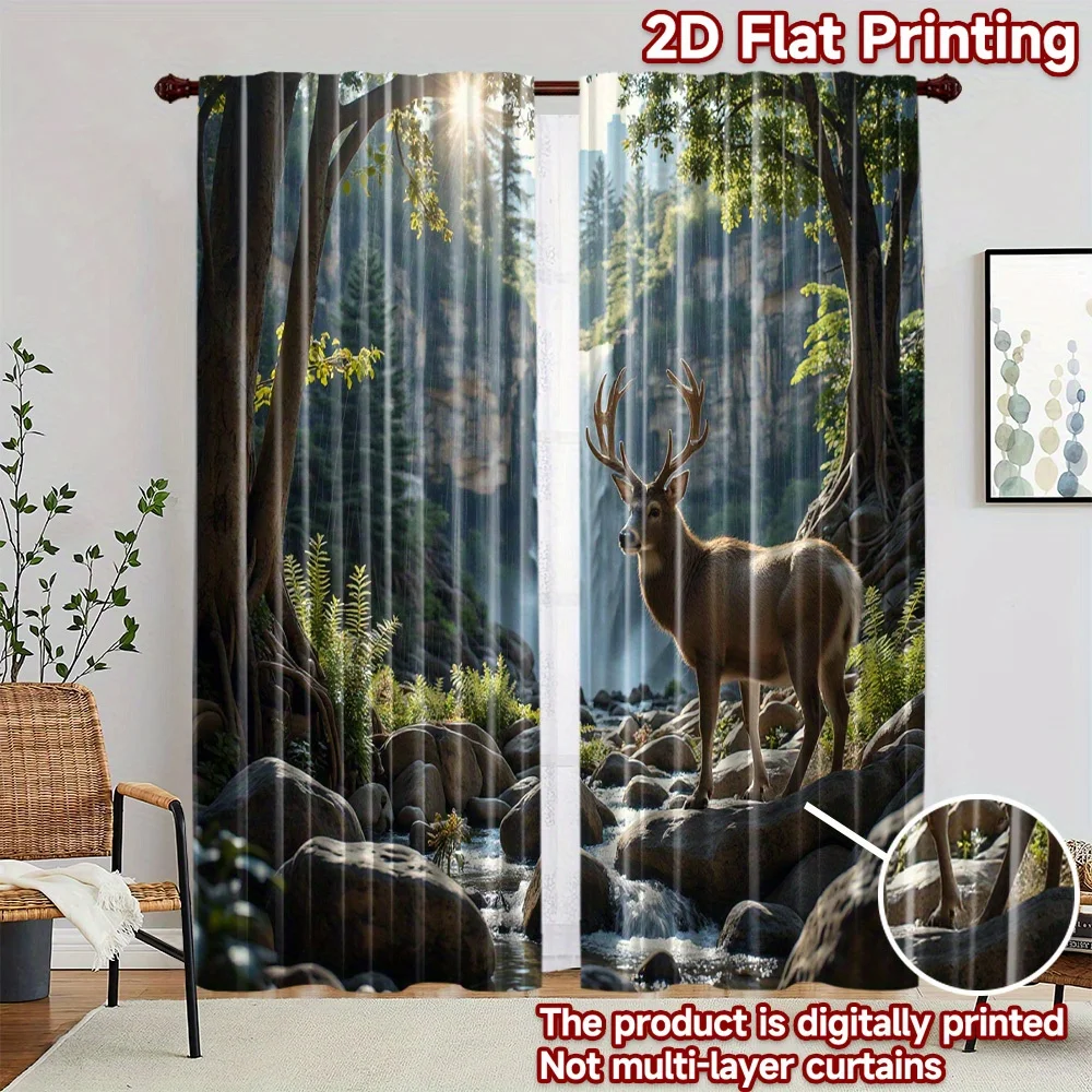 Forest Deer Waterfall Stream Curtains, Sunlight Woods Stone Scenery Digital Print Window Drapes for Bedroom Lodge Farmhouse Home