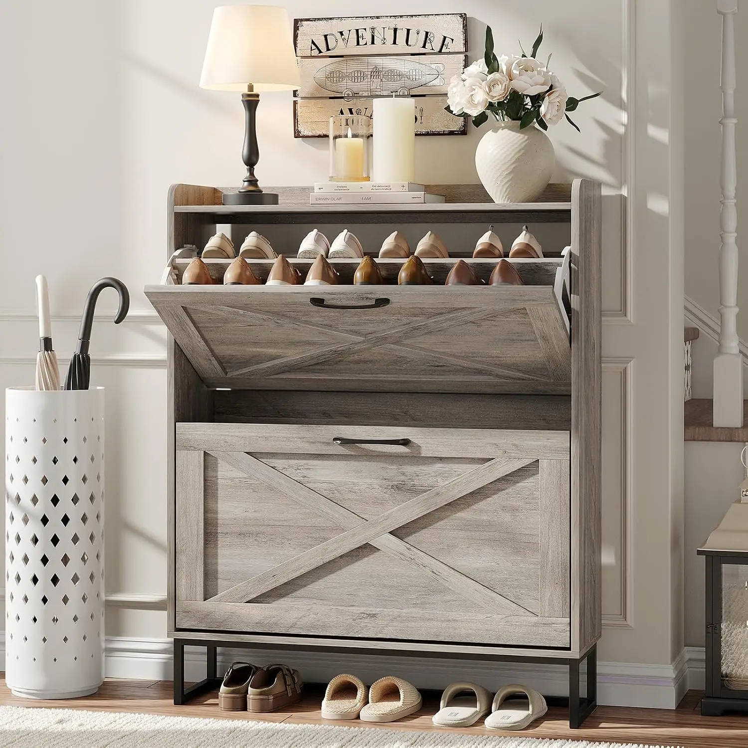 Shoe Storage Cabinet 3 Flip Drawers Metal Legs Freestanding Narrow Organizer Entryway Washed Gray, Customized