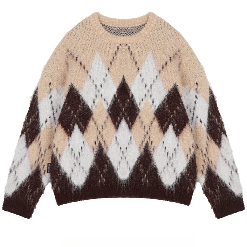 الماس شبكة الرجال عيد الميلاد سترة للجنسين تريكو الخريف الشتاء س الرقبة طويلة الأكمام Argyle تصميم فضفاض البلوز سترة ناعمة #2