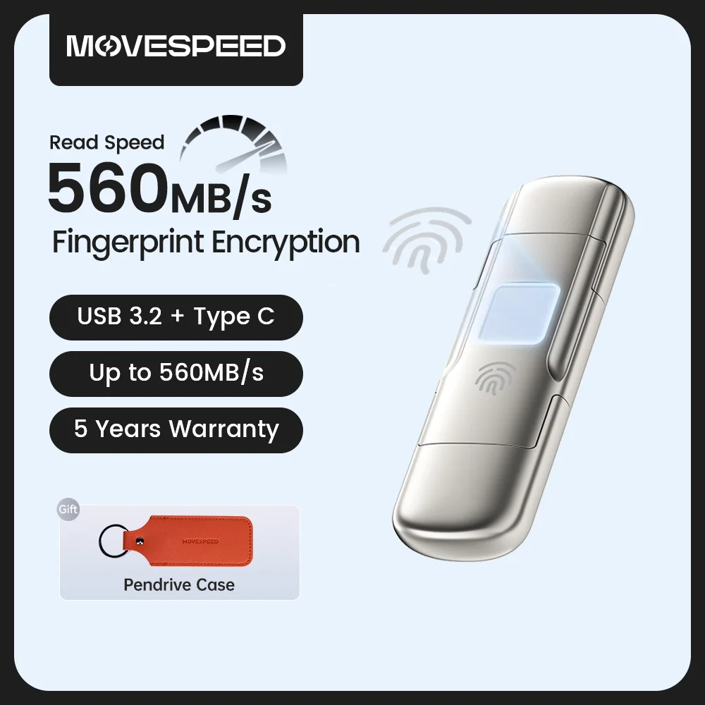 MOVESPEED USB3.2 Solid State Pendrive AES256 & Fingerprint Encryption 520MB/s USB Type C Gen 2 Flash Drive 1TB 512GB 256GB 128GB