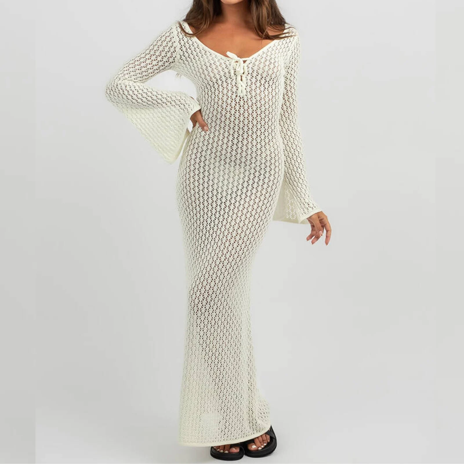 Yiiciovy Women Knitted Long Beach Dress Elegant Slim Fit Bikini Cover-ups Long Sleeve V Neck Tie Up Crochet Tunic Beach Wear