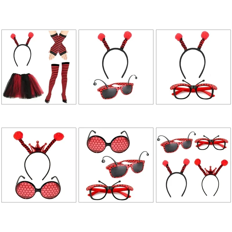 Women Girls Ladybird Costume Accessories Ears Hair Hoop Glasses Stockings Skirts Fancy Party Kids Cosplay Props Stage Wear