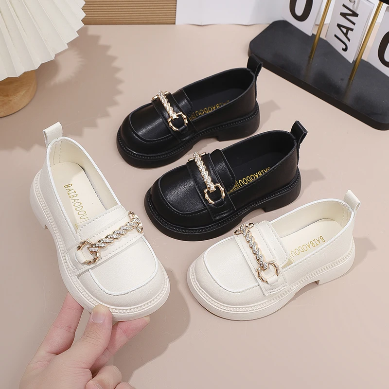 

Girls Leather Shoes for School Party Wedding Kids Black Loafers Slip-on Children Flats Fashion British Style Pearls Beading New