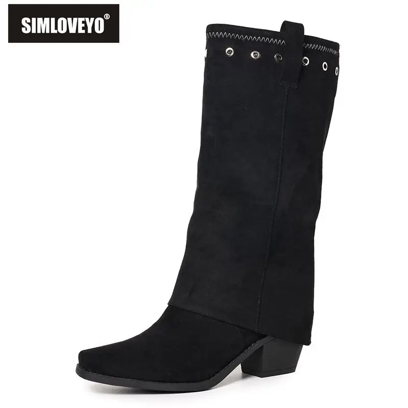 

SIMLOVEYO New Brown Female Knee High Boots Square Toe 6cm Block Heel Slip On Flock Suede Big Size 42 43 44 Leisure Tall Autumn