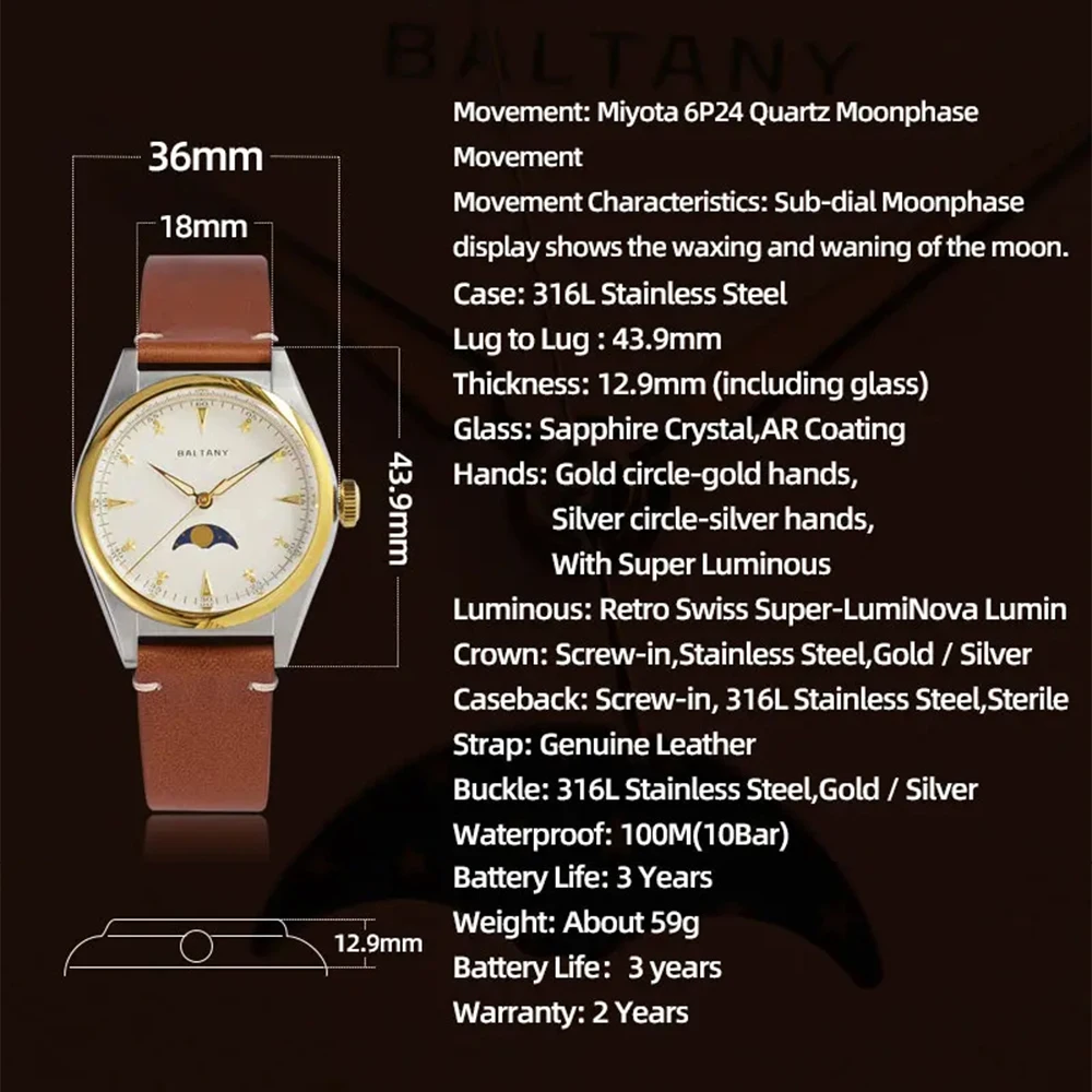 Baltany Moonphase Watches IPG Bezel Luminous Dial 6P24 Quartz Unisex Luxury Dress Wristwatch S4042 Leather Waterproof Strap