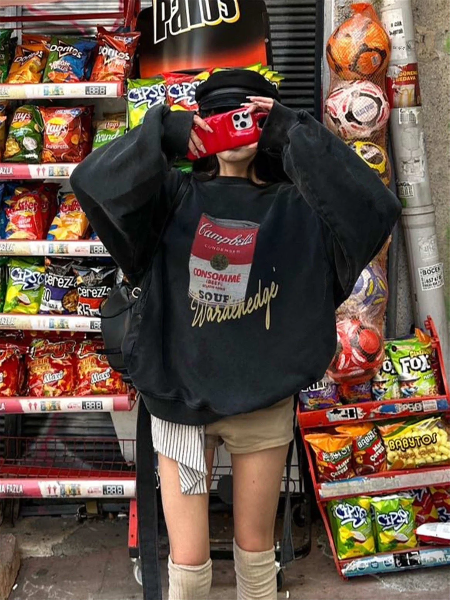 レトロアメリカンハイストリート風 ゆったりラウンドネックフーディー レディース 秋冬ファッション トレンドストリートウェア コットンポリエステル