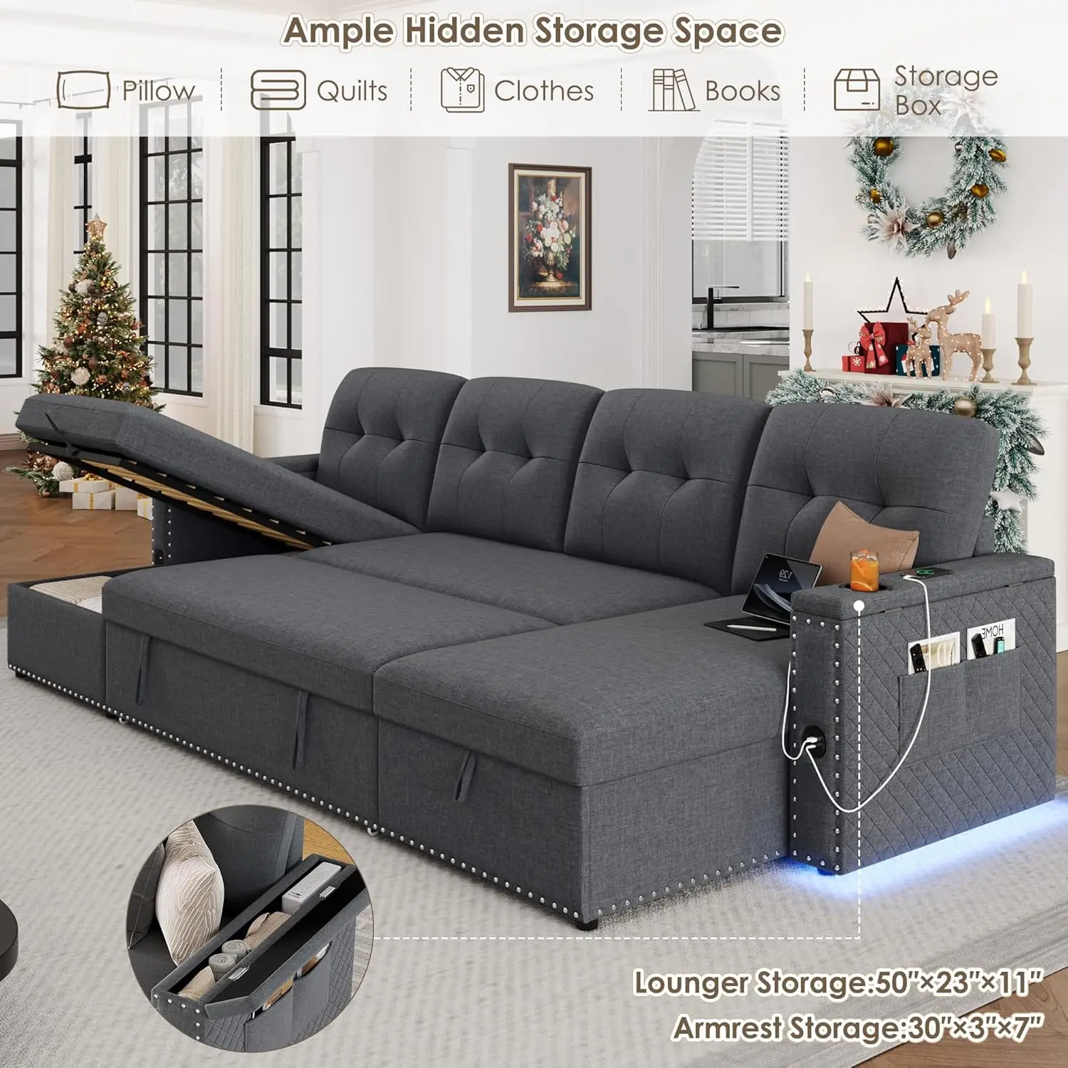 112" Sectional Pull Out Couches for Living Room with LED Lights & USB Port- Sleeper Sofa Couch w/Storage Chaise & Storage