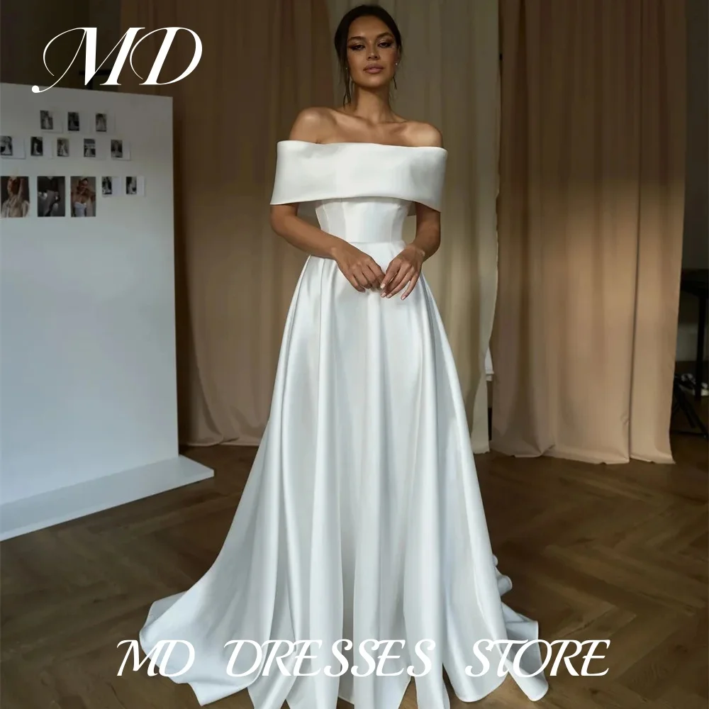 Md elegante fora do ombro uma linha vestidos de casamento ilusão cetim drapeado vestido de noiva plissado trem varredura personalizado
