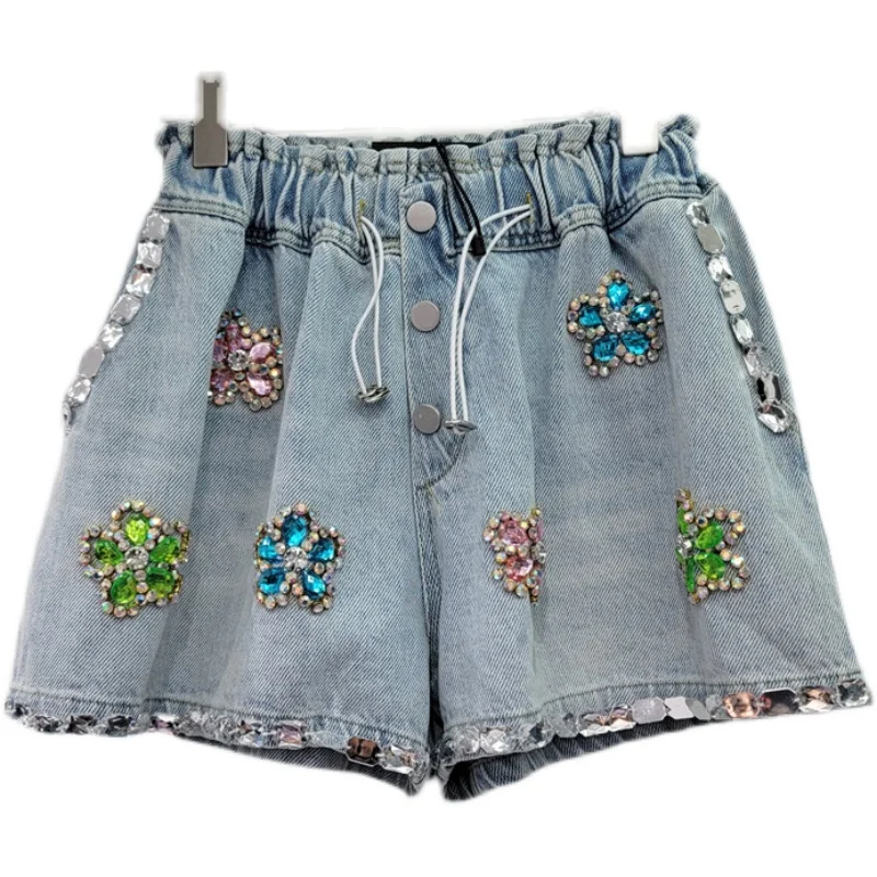 Imagem -03 - Streetwear Mulher Flor Strass-embutido Azul Calças de Brim Curtas 2023 Verão Novo Solto Elástico Cintura Alta Denim Perna Larga Shorts