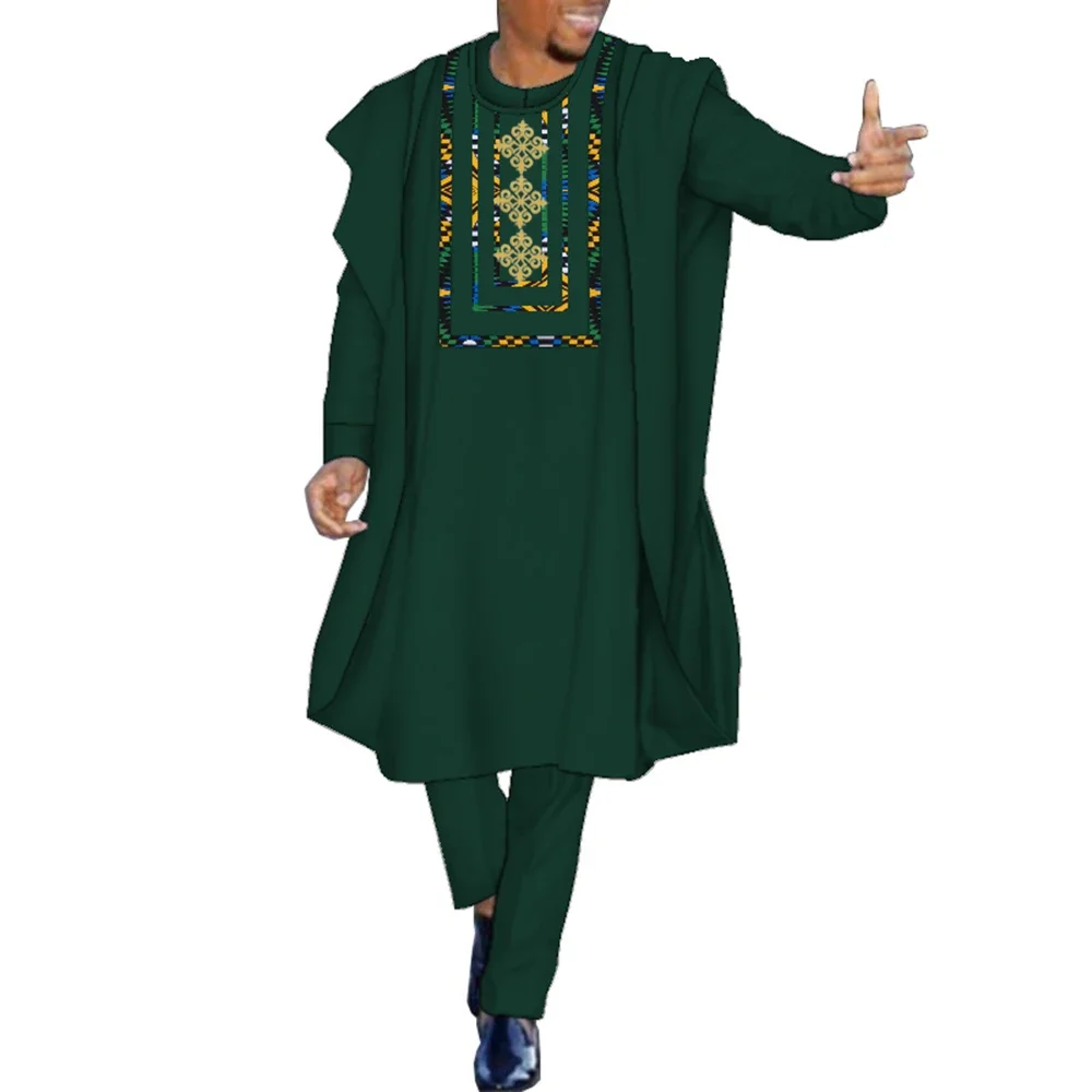 Conjunto de 3 piezas de ropa africana tradicional para hombre, pantalones de vestido con blusa, conjunto de pantalones de Color liso de retazos con
