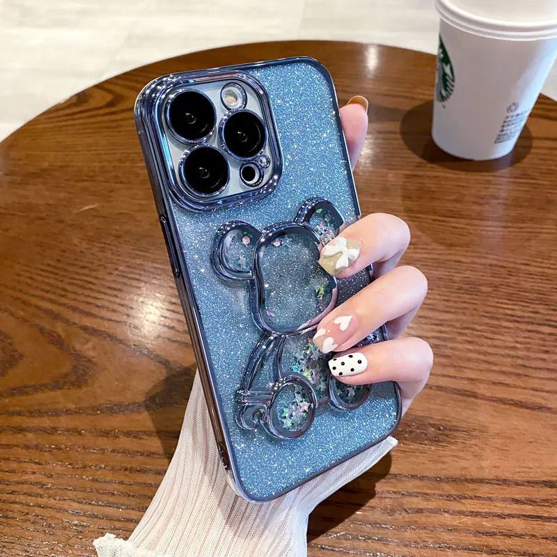 Quicksand Glitter Bear Phone Case for iPhone 14 Pro Max X Xs Max X 7 8 Plus Luxury Cute Plating Cases for iPhone 15 12 13 ProMax