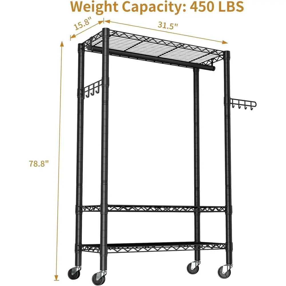 Portable 3-Tier Adjustable Rolling Garment Rack with Hanger Rod and Side Hooks for Clothes Storage