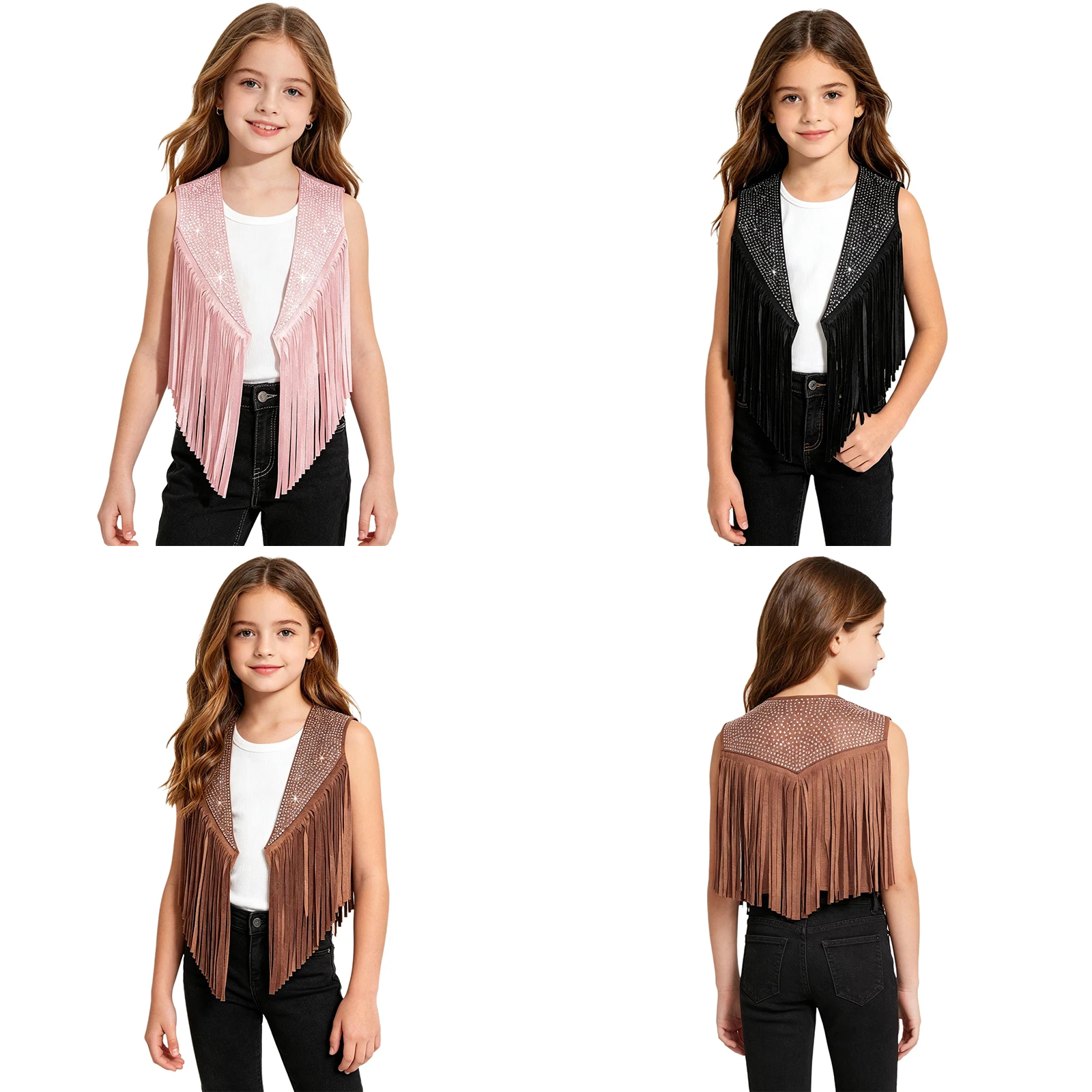 

Kids Girls Tassels Shiny Rhinestones Open Front Jazz Dance Vest Waistcoat Halloween Carnival Theme Party Western Cowgirl Costume