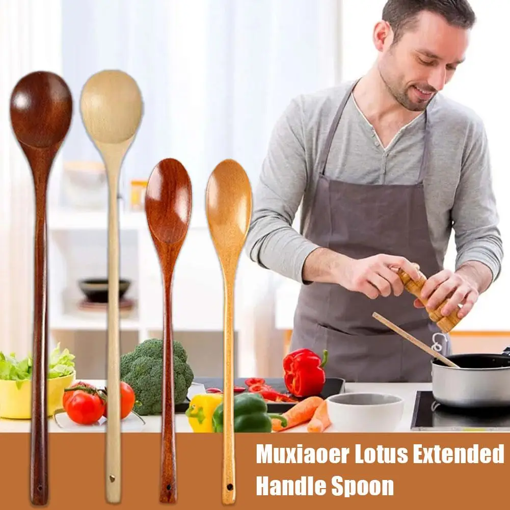 

3 Size Long Wooden Stirring Spoon Natural Wooden Spoon For Stirring & Cooking Extended Handle Round-mouthed Cooking Spoon