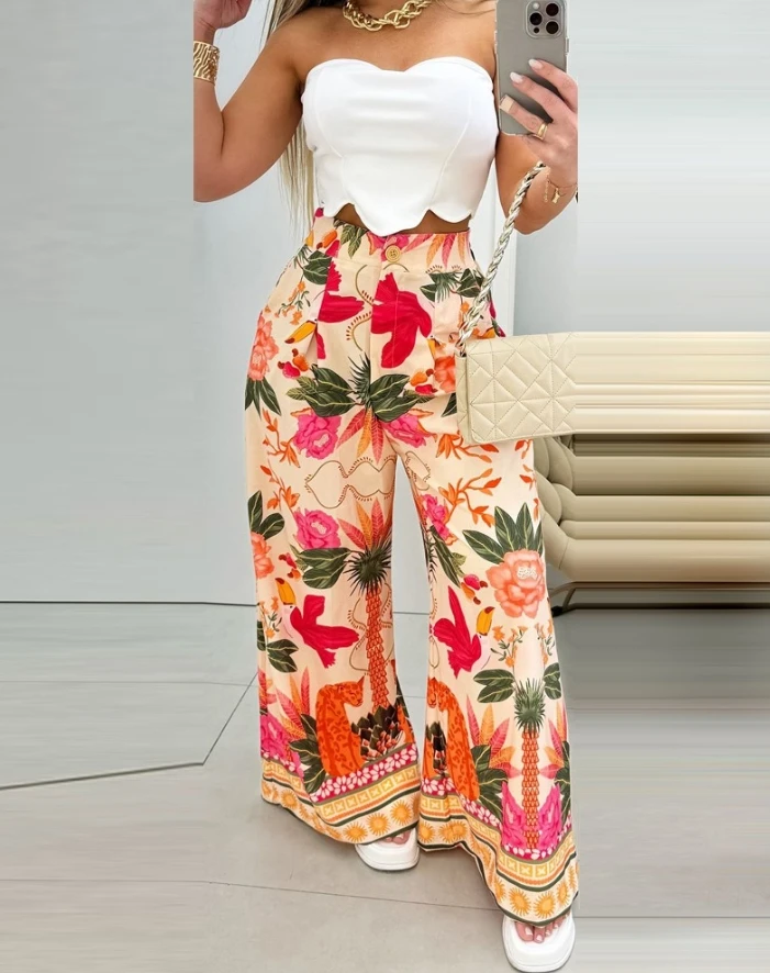 Sweet Girl Striped Asymmetrical Cut Clothing and Tropical Floral Animal Geometric Printed Pants Set