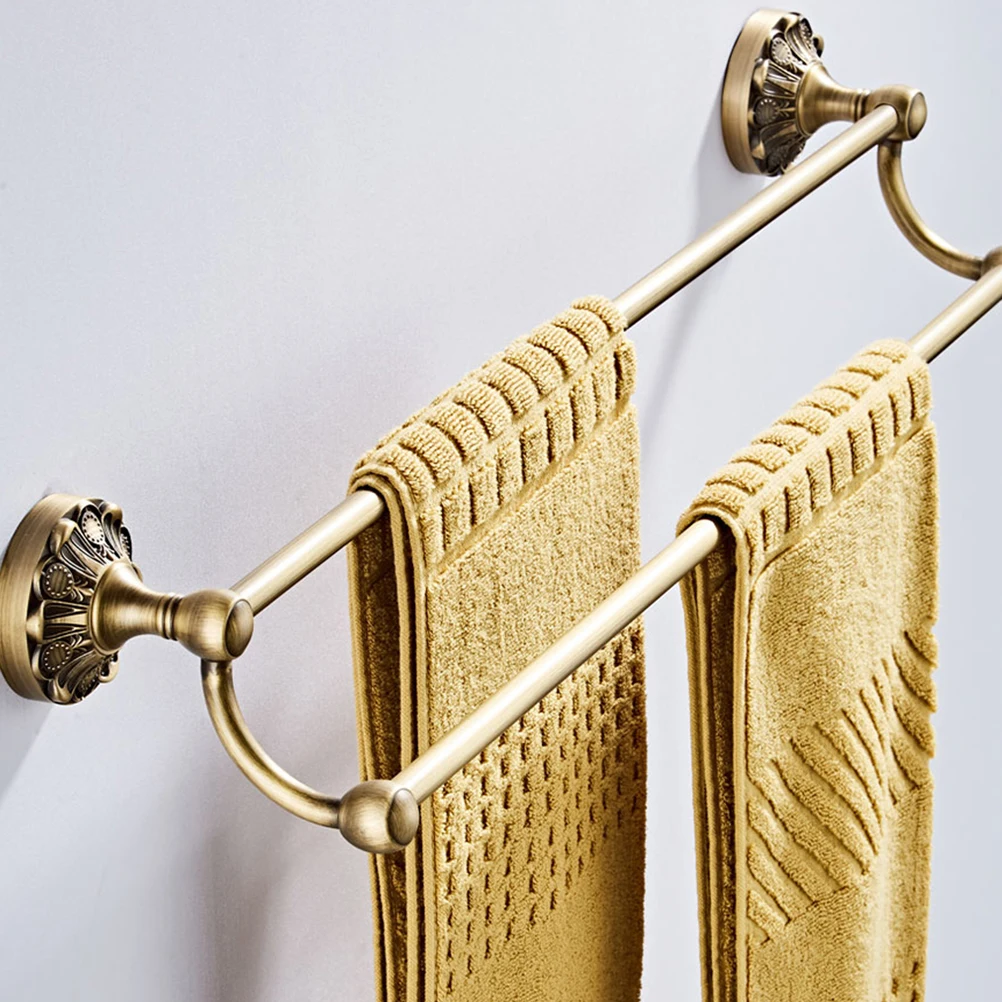 

1Pcs Double Rod Towel Bar Black Brass Wall Mounted Bathroom Storage Rack for Tiles Glass Metal Wood Surfaces