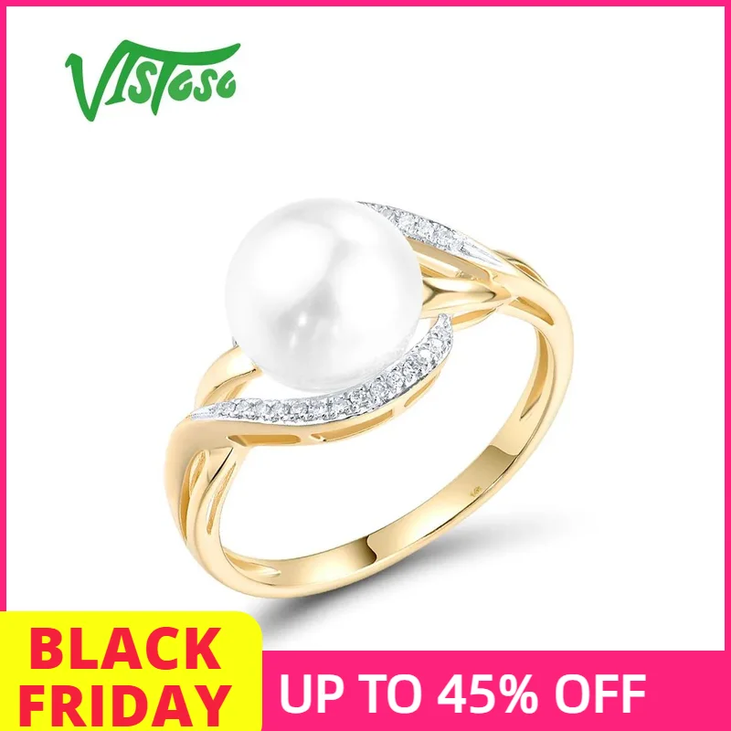 

VISTOSO натуральное кольцо из желтого золота 14 карат 585, для женщин, сверкающие бриллианты, пресноводный жемчуг, нежные вечерние модные ювелирные изделия