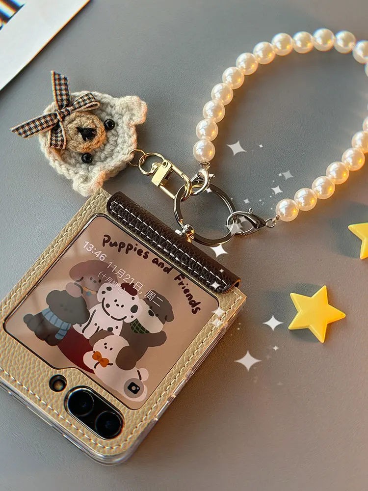 For Samsung Galaxy Z Flip 5 6 zflip5 Phone Case Pearl Bracelet Chain Leather Hinge Protective Cover