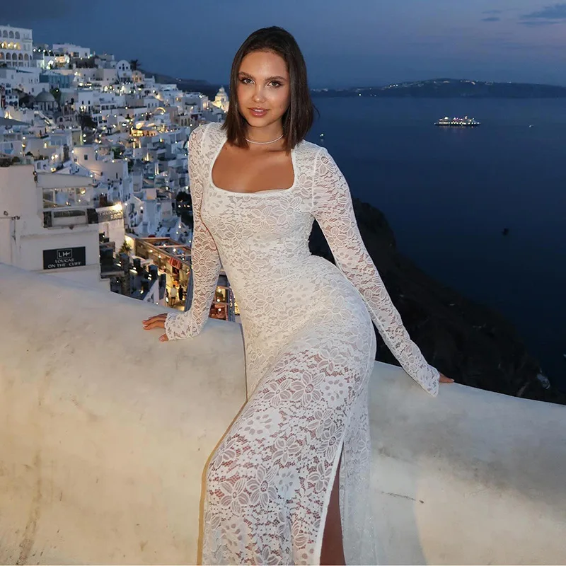 

Pure Desire Sexy Long Sve Lace Dr Slit Design Bodycon Gown Sensual Attraction Polyester Fabric Wrap around Sle