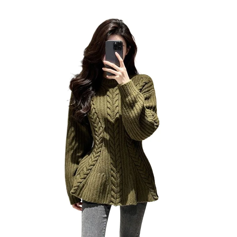 In Winter Extremely Attractive Korean-style Outfits Green Tweed Sweater Elegant Slimming While Knitted Sweater Is Fashionable